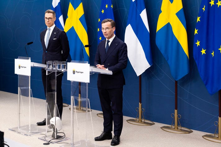 Statsminister Ulf Kristersson och Finlands president Alexander Stubb på pressträff i Rosenbad.